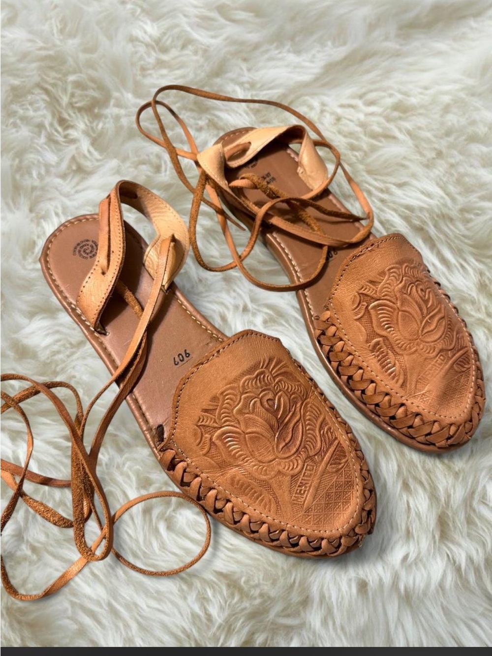 Handcrafted Leather Lace-Up Women’s Sandals in Tan small rip on shoe